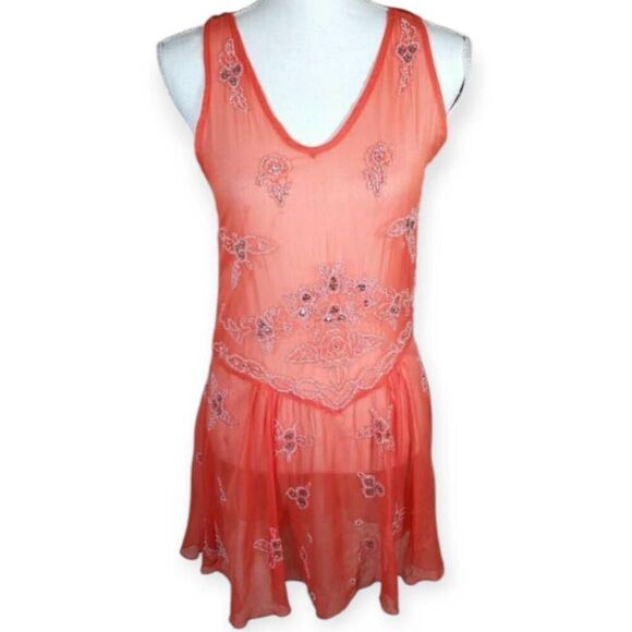 FOREVER 21 ORANGE/CORAL EMBELLISHED SHEER DRESS/COVERUP SZ.M EUC. - Picture 1 of 7
